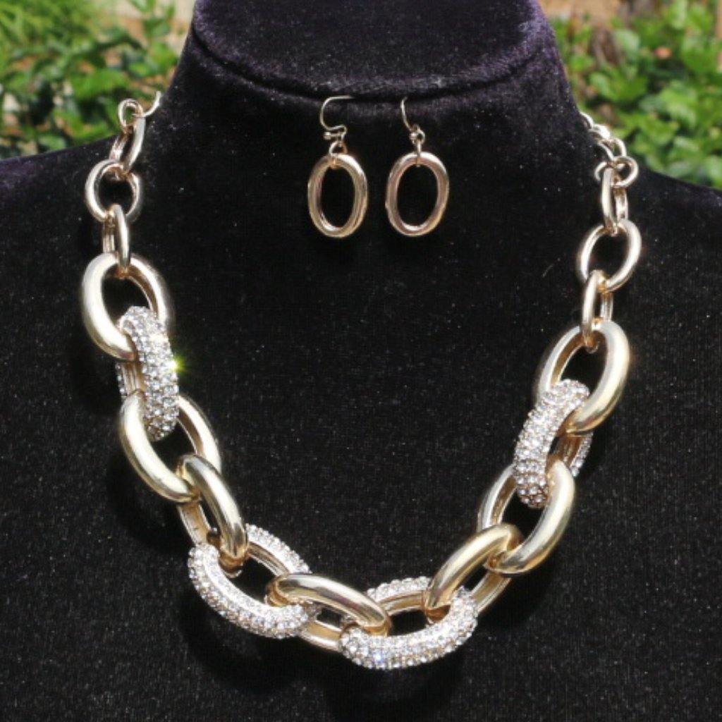 Necklace Chunky Goldtone Bling Chain Earring Set